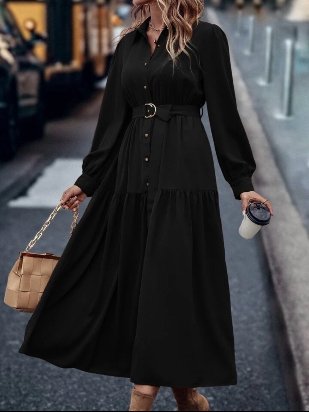 SHEIN Lune lantern sleeve tiered Black shirt dress button-front closure size XL
